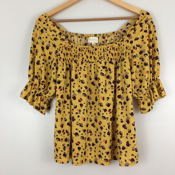 Melloday Mustard Ruffle Sleeve Scoop Neck Animal Print Sleeve Bohemian Blouse M - Picture 2 of 8